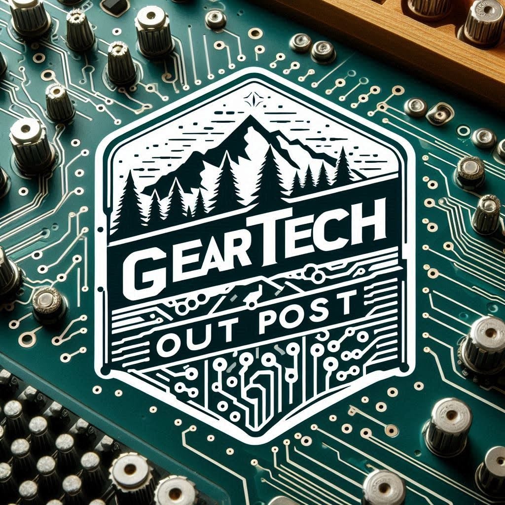 GearTechOutpost logo with mountains, pine trees, and circuit board design