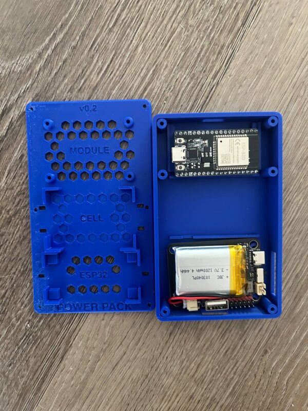 Printed ESP32 Power Pack Case and sled shown side by side