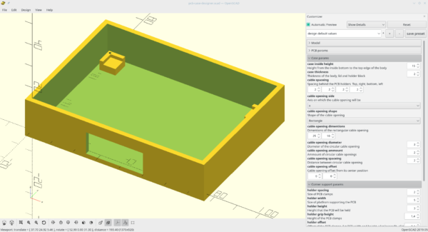 OpenSCAD view of a PCB case body generated by pcb-case-designer