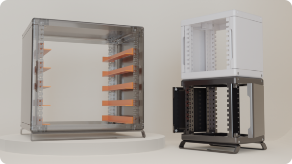 Rendered overview of the open-source RackStack modular rack system